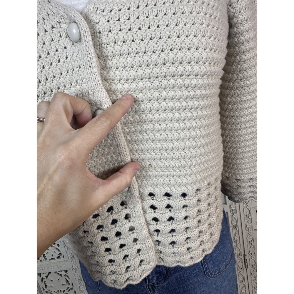 Style & Co Cream Chunky Knit 3/4 Sleeve Crochet Style Cropped Cardigan Sz Small‎ - Picture 5 of 7